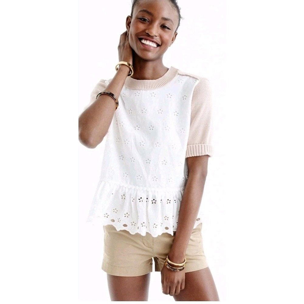 J. Crew Colorblock Peplum Eyelet Sweater Short Sleeves Pink Size Small